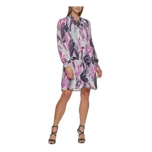 DKNY Womens Purple Pleated Smocked Lined Blouson Sleeve Shift Dress Size 6